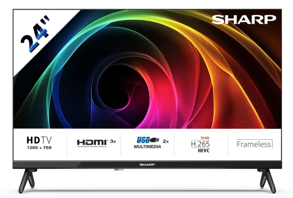 Телевизор, Sharp 24HA1205E, 24" LED HD 1366x768 Frameless, 100 000:1, DVB-T/T2/C/S/S2, Active Motion 100, Speaker 2x3W, Dolby Digital, CI+, 3xHDMI (ARC/CEC), 2xUSB, LAN, Video/Audio input (3 x RCA), Hotel Mode, E, 2 pole Stand