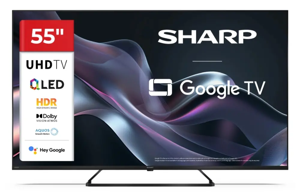Телевизор, Sharp 55HP6265E, 55" QLED Google TV, 4K Ultra HD 3840x2160 Frameless, 1 000 000:1, AQUOS, DVB-T/T2/C/S/S2, Active Motion 1000, HDR10, Dolby Atmos, Dolby Vision, Google Assistant, Google Cast, HDMI 2.1 with eARC, 3.5mm Headphone jack / line-out, USB, Wi-