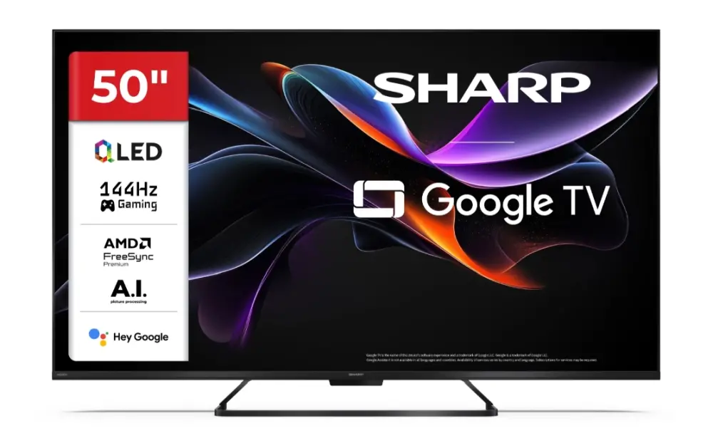 Телевизор, Sharp 50HR7265E, 50" QLED GOOGLE TV, 4K 144Hz Quantum Dot 3840x2160 Frameless, AQUOS AI, DVB-T/T2/C/S/S2, Active Motion 1400, HDR10, Dolby Atmos, Dolby Vision, DTS:X, Google Assistant, HDMI eARC, Mini Composite/CVBS + Audio input, USB, Wi-Fi, Bluetooth,