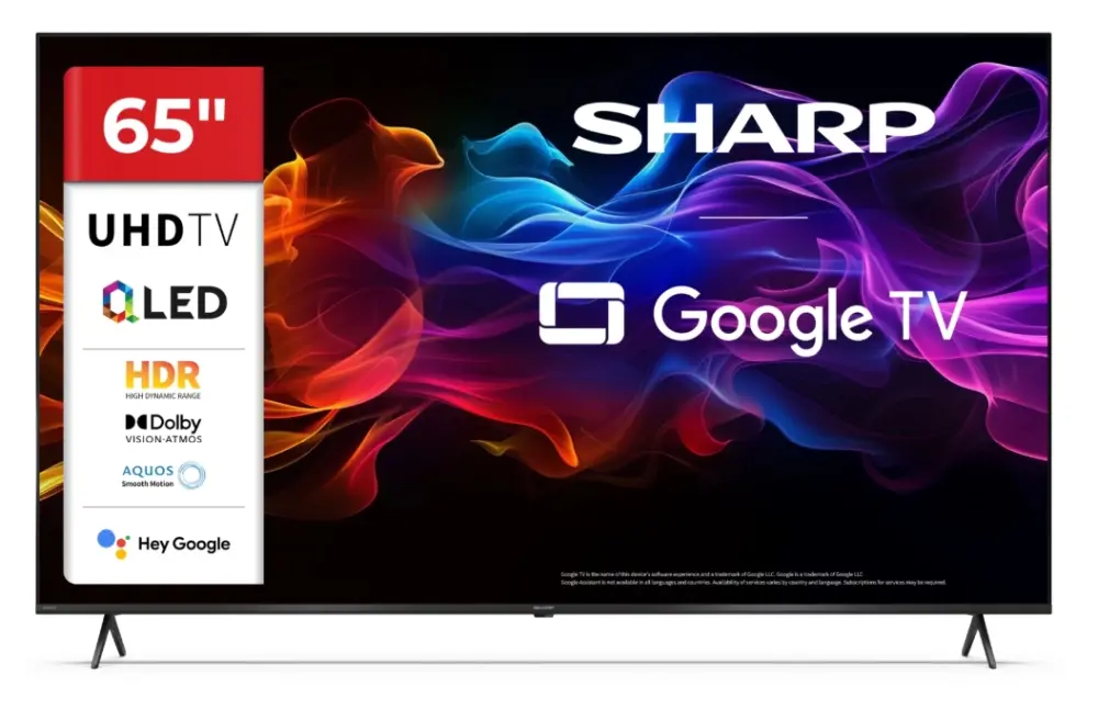 Телевизор, Sharp 65HP5265E, 65" QLED Google TV, 4K Ultra HD 3840x2160 Frameless, 1 000 000:1, AQUOS, DVB-T/T2/C/S/S2, Active Motion 1000, HDR10, Dolby Atmos, Dolby Vision, Google Assistant, Google Cast, HDMI 2.1 with eARC, 3.5mm Headphone jack / line-out, USB, Wi