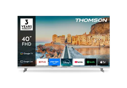 Телевизор, Thomson 40" FHD Google TV; 1920 x 1080 (FHD), DLED, 60 Hz, HDR10, Dolby Audio, Google Cast, DVB-T/T2/C/S/S2, Wi-Fi, Bluetooth, LAN, HDMI 3 (1.4), USB 2 (2.0), Hotel mode, Side Feet, Black Телевизор, Thomson 40" FHD Google TV; 1920 x 1080 (FHD), DLED, 60 Hz, HDR10, Dolby Audio, Google Cast, DVB-T/T2/C/S/S2, Wi-Fi, Bluetooth, LAN, HDMI 3 (1.4), USB 2 (2.0), Hotel mode, Side Feet, Black
