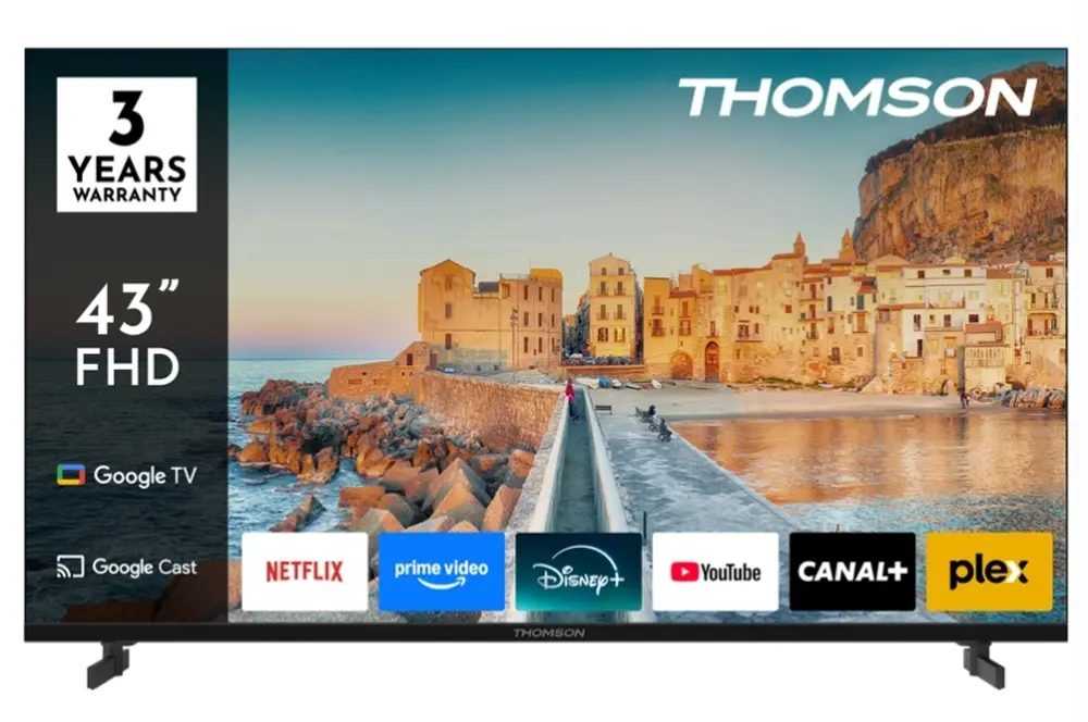 Телевизор, Thomson 43" FHD Google TV; 1920 x 1080 (FHD), DLED, 60 Hz, HDR10, Dolby Audio, Google Cast, DVB-T/T2/C/S/S2, Wi-Fi, Bluetooth, LAN, HDMI 3 (1.4), USB 2 (2.0), Hotel mode, Side Feet, Black