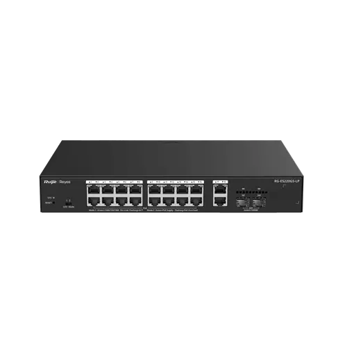 Комутатор Ruijie RG-ES220GS-LP, 18xGbE, 2xSFP, 16x PoE+, 130W, до 16 VLAN