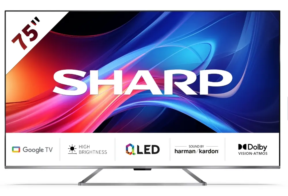 Телевизор, Sharp 75GP7265E, 75" QLED Google TV, 4K Ultra HD 3840x2160 Frameless, AQUOS, DVB-T/T2/C/S/S2, Active Motion 1200, HDR10, Dolby Atmos, Dolby Vision, Google Assistant, HARMAN/KARDON, Chromecast Built-in, HDMI 2.1 with eARC, Aluminium finish, USB, Wi-Fi, Bl