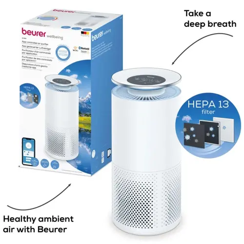 Пречиствател на въздух, Beurer LR 400 WIFI / BT Air purifier white- App-controlled "beurer FreshHome" app; CADR approx. 266 m3/h; Smart Sensor PM 2.5 2g / m2; three-layered filter system; 4 levels + Turbo; Timer; Colored indoor air quality indicator; 69m2 - 9