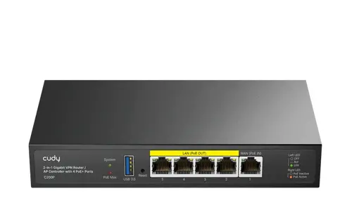 Рутер, Cudy C200P 2-IN-1 AP Controller, 1 Gigabit Ethernet + 4 Gigabit PoE+ PSE Ports + 1 USB 3.0, PSE output up to 30Watts per port