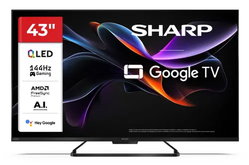 Телевизор, Sharp 43HR7265E, 43" QLED Google TV, 144 Hz, 4K Ultra HD 3840x2160 Frameless, AQUOS, DVB-T/T2/C/S/S2, Active Motion 1400, HDR10, Dolby Atmos, Dolby Vision, DTS:X, Google Assistant, Google Cast, HDMI 2.1 with eARC, VRR, 3.5mm Headphone jack / line-out