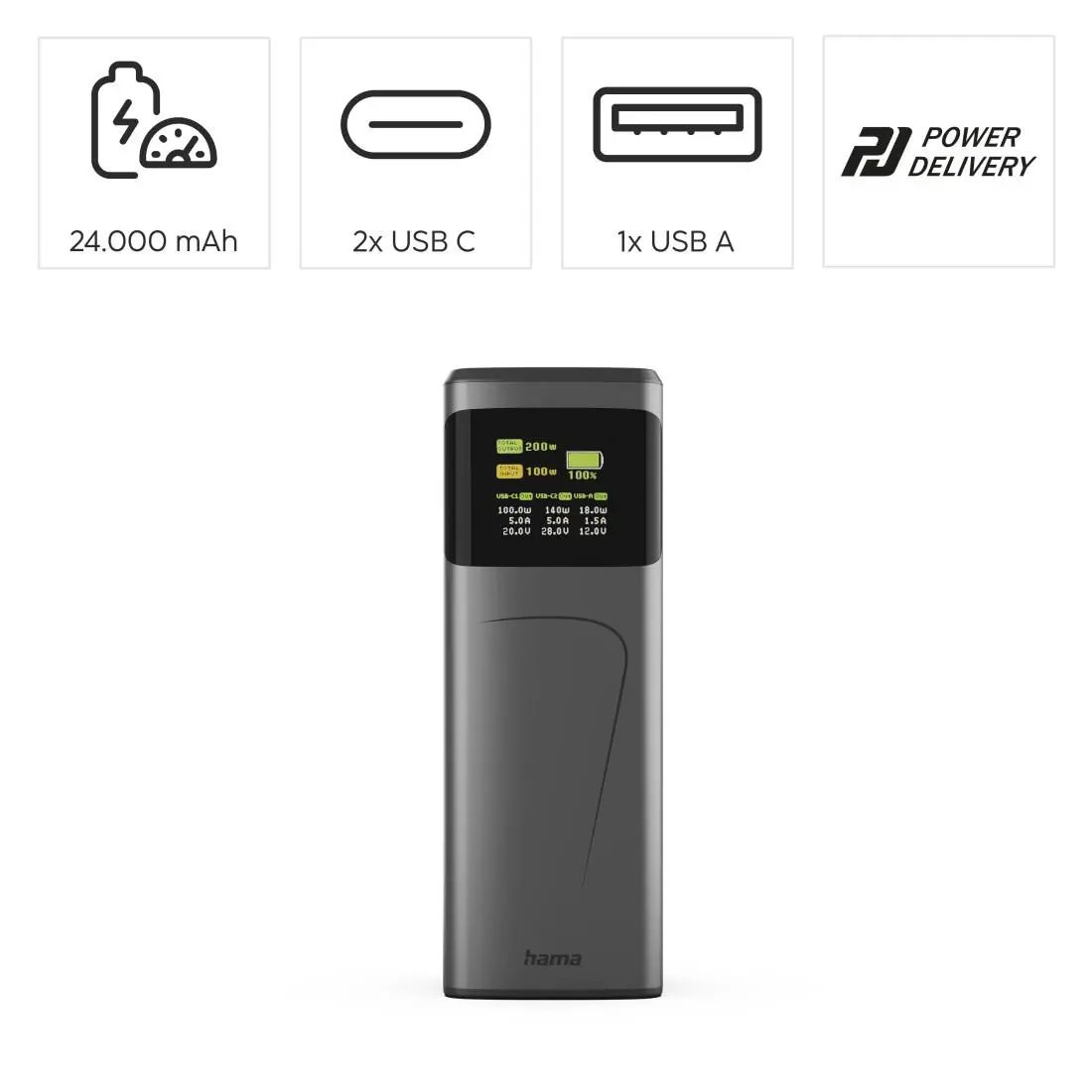 HAMA Външна батерия „High Power“, 200 W, 24000 mAh, 2x USB-C, USB-A, бързо зареждане - image 14