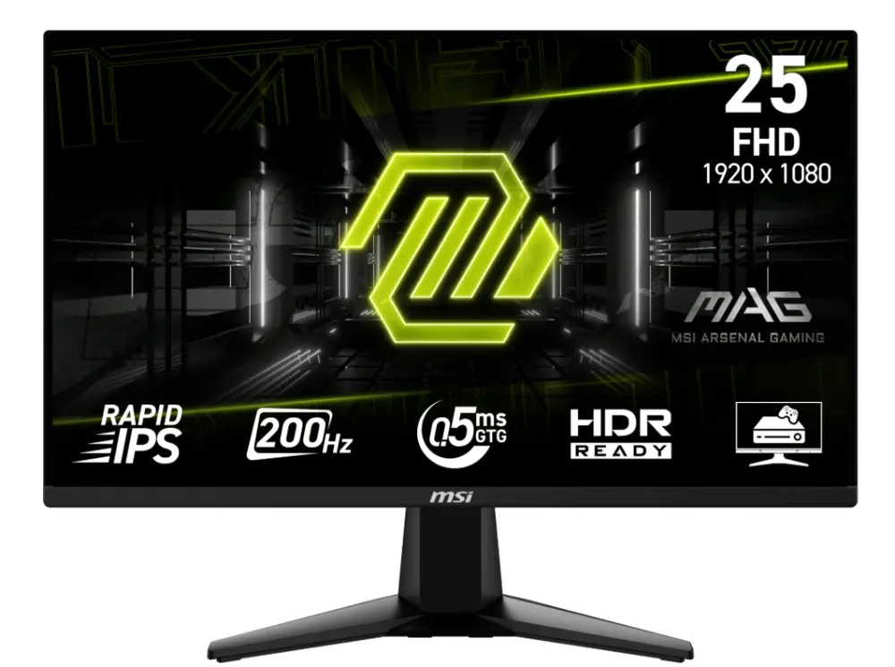 Монитор, MSI MAG 255F E20, 24.5", 0.5ms, 200Hz, Rapid IPS, 1920x1080 (FHD), 16:9, AMD FreeSync Premium, 79% DCI-P3, AG, HDR Ready, 300 nits, 1000:1, DCR 100M:1, DP(1.2a), 2xHDMI 2.0b, Tilt, VESA, Black, 3.24kg