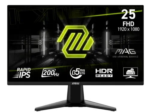 Монитор, MSI MAG 255F E20, 24.5", 0.5ms, 200Hz, Rapid IPS, 1920x1080 (FHD), 16:9, AMD FreeSync Premium, 79% DCI-P3, AG, HDR Ready, 300 nits, 1000:1, DCR 100M:1, DP(1.2a), 2xHDMI 2.0b, Tilt, VESA, Black, 3.24kg