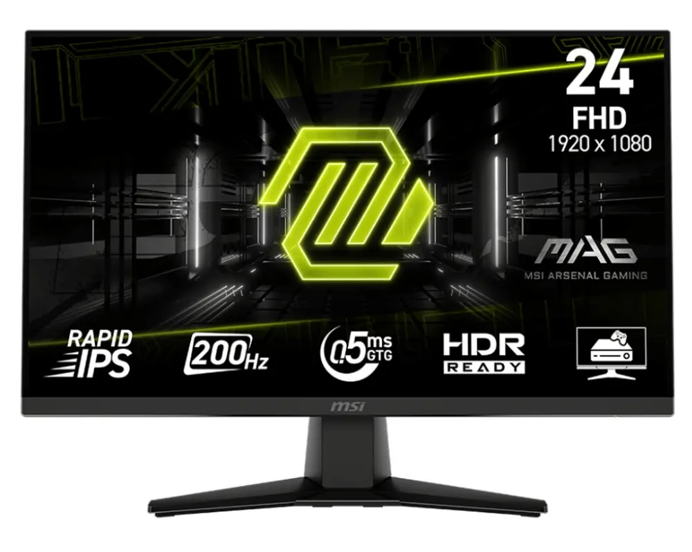 Монитор, MSI MAG 242F, 23.8", 0.5ms, 200Hz, Rapid IPS, 1920x1080 (FHD), 16:9, AMD FreeSync Premium, 89% DCI-P3, AG, HDR Ready, 300 nits, 1000:1, DCR 100M:1, DP(1.2a), HDMI 2.0b, Tilt, VESA, Black, 3kg