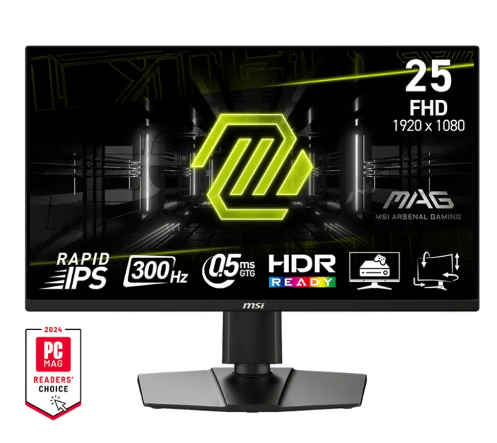 Монитор, MSI MAG 255PXF, 24.5", 0.5ms, 300Hz, Rapid IPS, 1920x1080 (FHD), 16:9, AMD FreeSync Premium, 90% DCI-P3, AG, HDR Ready, 250 nits, 1000:1, DCR 100M:1, 2x2W, DP(1.2a), 2xHDMI 2.0b, Pivot, Heigh Adj., VESA, Black, 5.3kg