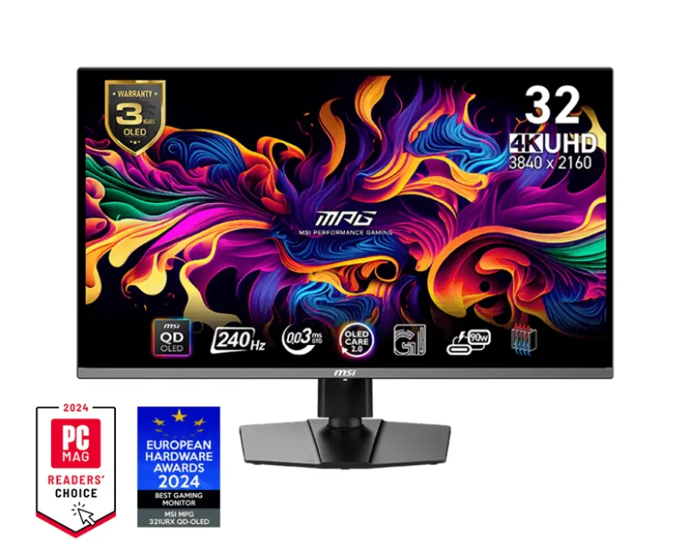 Монитор, MSI MPG 321URX QD-OLED, 31.5", 240Hz, 0.03ms, UHD 3840x2160, Oled Care 2.0, Fanless Design w Graphene, ClearMR 13000, HDR True Black 400, AI VISION, 250 nits, 1500000:1, 100M;1, DP(1.4a), 2x HDMI(2.1), Type-C (DP alt. PD 90W), KVM, Adj.Stand 100mm, 9.6 k