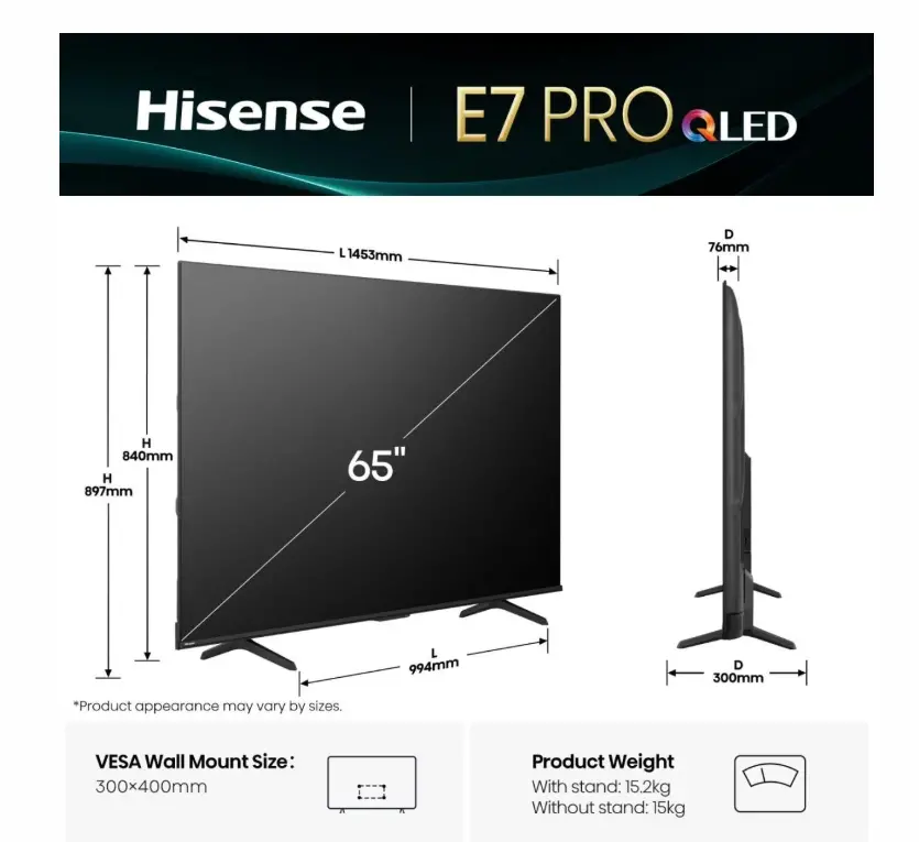 Телевизор, Hisense 65" E7Q Pro, 4K Ultra HD 3840x2160, QLED, Quantum Dot, 144Hz, HDR 10+ adaptive, HLG, Dolby Vision, DTS Virtual X, Smart TV, WiFi 5GHz, WiFi Direct, BT, Anyview Cast, 4xHDMI, 2xUSB, LAN, CI+, DVB-T2/C/S2, Black - image 1