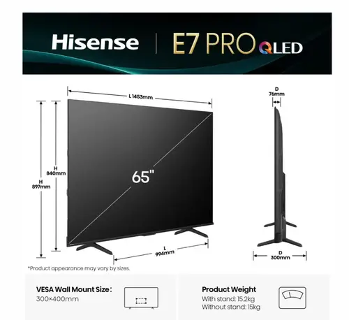 Телевизор, Hisense 65" E7Q Pro, 4K Ultra HD 3840x2160, QLED, Quantum Dot, 144Hz, HDR 10+ adaptive, HLG, Dolby Vision, DTS Virtual X, Smart TV, WiFi 5GHz, WiFi Direct, BT, Anyview Cast, 4xHDMI, 2xUSB, LAN, CI+, DVB-T2/C/S2, Black - image 1