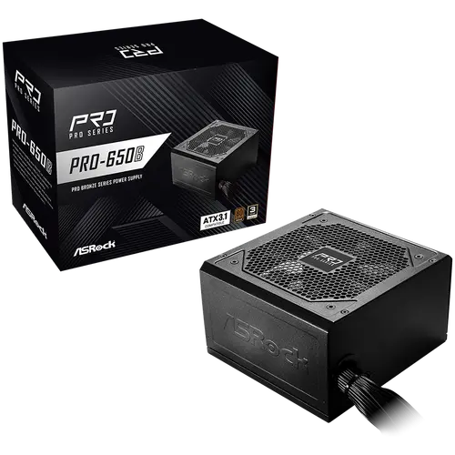 Asrock PRO-650B, 650W, 80 Plus BRONZE, Non Modular PSU, 1x EPS 12V CPU(4+4pin), 2x PCIe (6+2pin), 2x 4-pin connectors, 4x SATA, OCP, SCP, OVP, UVP, OTP, OPP protections, 120 mm Fan, ATX 3.1, 3Y warranty