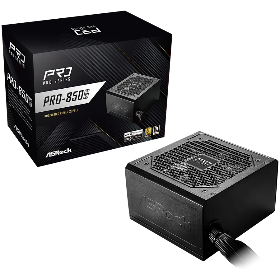 Asrock PRO-850G, 850W, 80 Plus GOLD, Non Modular PSU, 1x EPS 12V CPU(4+4pin), 2x PCIe (6+2pin), 2x 4-pin connectors, 4x SATA, OCP, SCP, OVP, UVP, OTP, OPP protections, 120 mm Fan, ATX 3.1, 3Y warranty