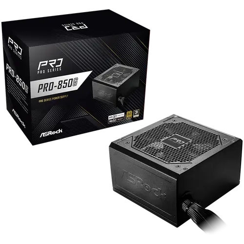 Asrock PRO-850G, 850W, 80 Plus GOLD, Non Modular PSU, 1x EPS 12V CPU(4+4pin), 2x PCIe (6+2pin), 2x 4-pin connectors, 4x SATA, OCP, SCP, OVP, UVP, OTP, OPP protections, 120 mm Fan, ATX 3.1, 3Y warranty