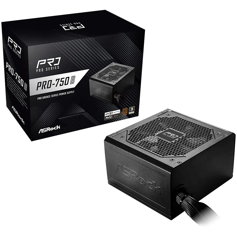 Asrock PRO-750B, 750W, 80 Plus BRONZE, Non Modular PSU, 1x EPS 12V CPU(4+4pin), 2x PCIe (6+2pin), 2x 4-pin connectors, 4x SATA, OCP, SCP, OVP, UVP, OTP, OPP protections, 120 mm Fan, ATX 3.1, 3Y warranty