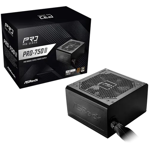 Asrock PRO-750B, 750W, 80 Plus BRONZE, Non Modular PSU, 1x EPS 12V CPU(4+4pin), 2x PCIe (6+2pin), 2x 4-pin connectors, 4x SATA, OCP, SCP, OVP, UVP, OTP, OPP protections, 120 mm Fan, ATX 3.1, 3Y warranty