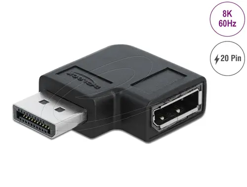 Адаптер Delock 90° DisplayPort 1.4 , 20 pin  мъжко (male) към  DisplayPort 1.4 20 pin женско (female), 8К 7680 x 4320 @ 60 Hz with DSC support
