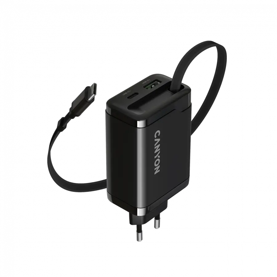 Încărcător CANYON OnCharge 65RC cu cablu integrat USB-C 65W 1xPD 1xQC EU, negru
