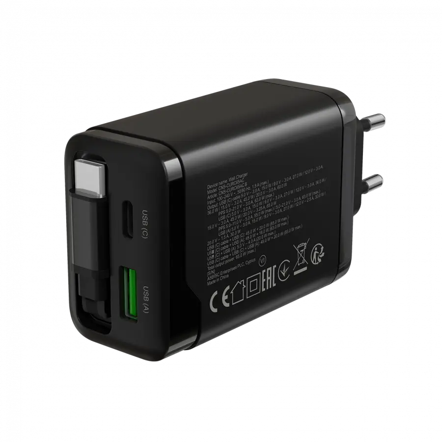 CANYON charger OnCharge 65RC Build-In Cable USB-C 65W 1xPD 1xQC EU Black - image 5