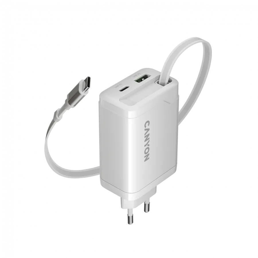 Φορτιστής CANYON OnCharge 65RC με ενσωματωμένο καλώδιο USB-C 65W 1xPD 1xQC EU, λευκός