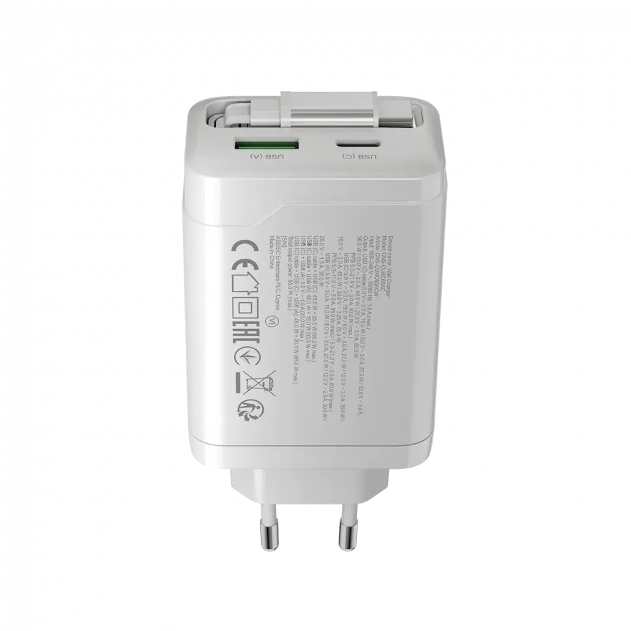CANYON charger OnCharge 65RC Build-In Cable USB-C 65W 1xPD 1xQC EU White - image 5