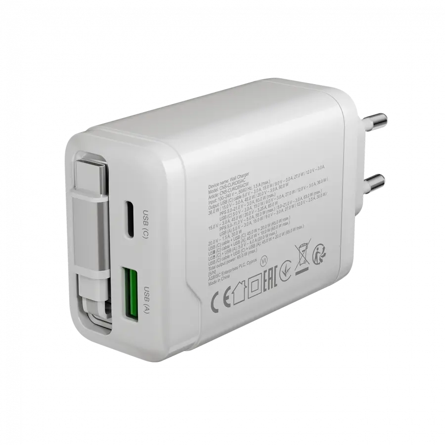 CANYON charger OnCharge 65RC Build-In Cable USB-C 65W 1xPD 1xQC EU White - image 6