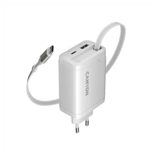 Φορτιστής CANYON OnCharge 65RC με ενσωματωμένο καλώδιο USB-C 65W 1xPD 1xQC EU, λευκός - 1