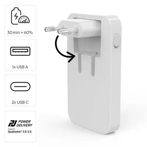 HAMA Бързо мини зарядно, 65W, 2x USB-C, 1x USB-A, PD, плоско, бяло - image 15