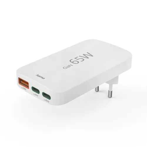 HAMA Mini încărcător rapid, 65W, 2x USB-C, 1x USB-A, PD, plat, alb - 1