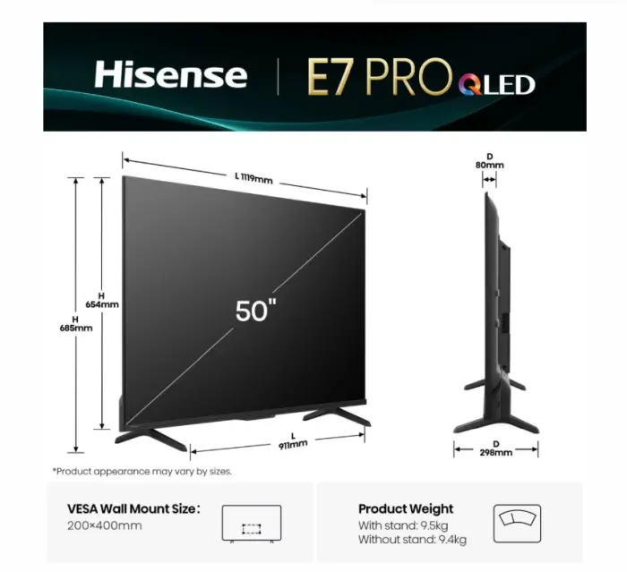 Телевизор, Hisense 50" E7Q Pro, 4K Ultra HD 3840x2160, QLED, Quantum Dot, 144Hz, HDR 10+ adaptive, HLG, Dolby Vision, DTS Virtual X, Smart TV, WiFi 5GHz, WiFi Direct, BT, Anyview Cast, 3xHDMI, 2xUSB, LAN, CI+, DVB-T2/C/S2, Black - image 1