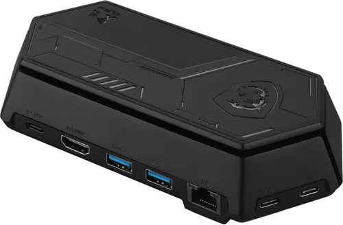 Докинг станция, MSI Nest Docking Station with USB-C Cable, compatible with All MSI Claw gaming handhelds, USB-C w/PD 100W, HDMI 2.0 (4K/60Hz), USB-C 3.2 (5Gb/s), 2 x USB-A 3.2 (5Gb/s), RJ45 (10/100/1000 Mbps), 16.5 x 8 x 3.65cm, 0.206kg