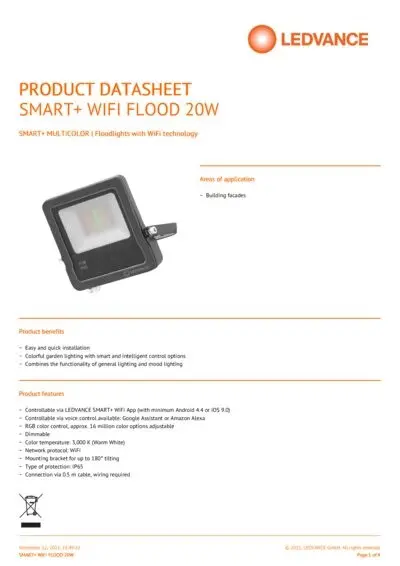 SMART WIFI ПРОЖЕКТОР FLOOD 20W RGBW DG LEDVANCE - image 2