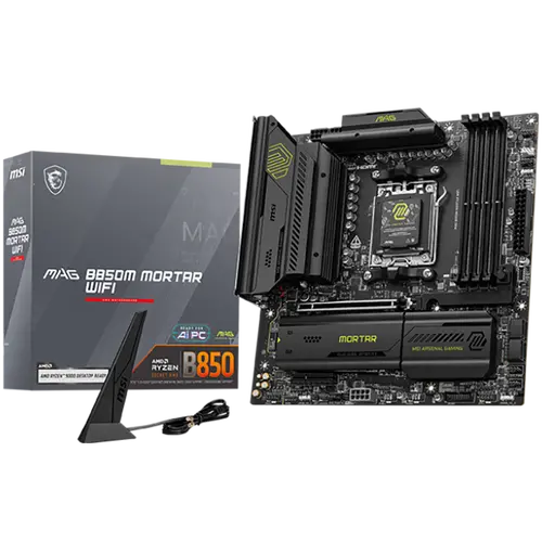 MSI B850M MORTAR WIFI, mATX, Socket AM5, 4x DDR5 Dual Channel DDR5 up to 8200(OC)MHz, 1x PCIe x16 slot, 3x M.2 slot, 4x USB 5Gbps, 1x USB 10Gbps Type-C, 1x USB 20Gbps Type-C, HDMI, DP, 7.1 HD Audio, 5G LAN, WiFI 7, BT, 3Y
