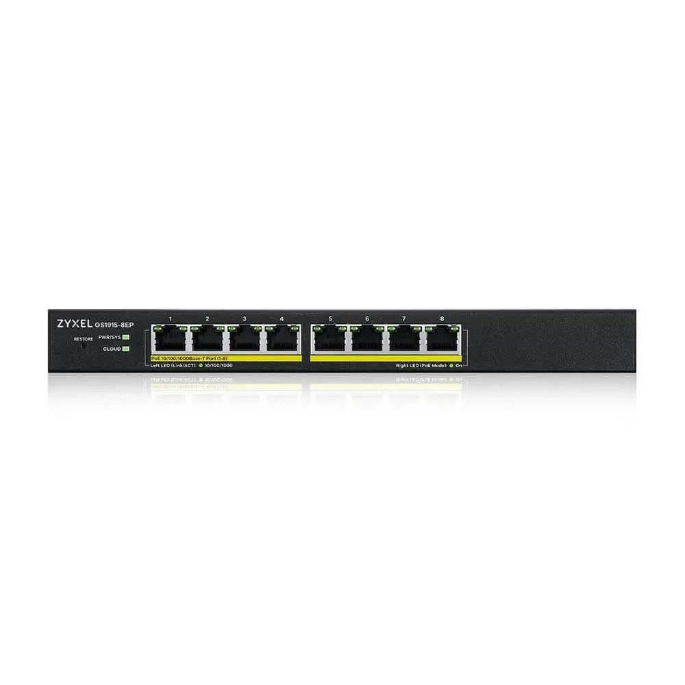 Комутатор, ZyXEL GS1915-8EP, 8-port GbE PoE Smart hybrid mode Switch, standalone or NebulaFlex Cloud, 60 Watt 802.3at, desktop, fanless