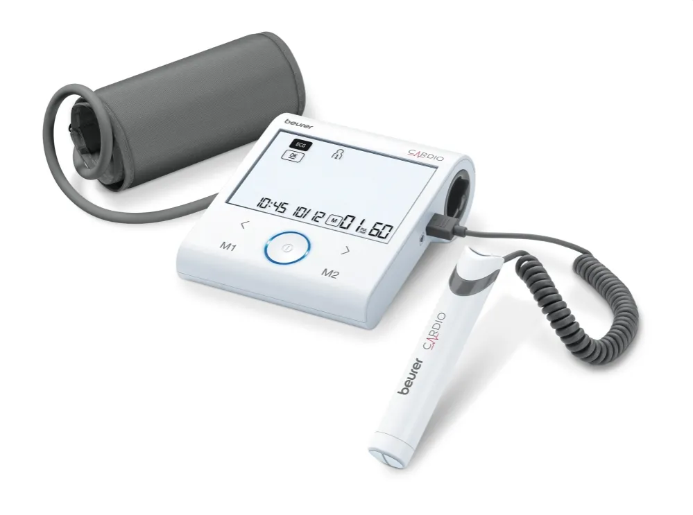 Апарат за кръвно налягане, Beurer BM 96 Cardio BT Blood pressure monitor with ECG; AFib + PVC detection; Inflation technology; Bluetooth;  white illuminate XL display; 1-channel ECG for recording heart rhythm with practical ECG stick; 2 users ; risk indicator; arrhythmia detection