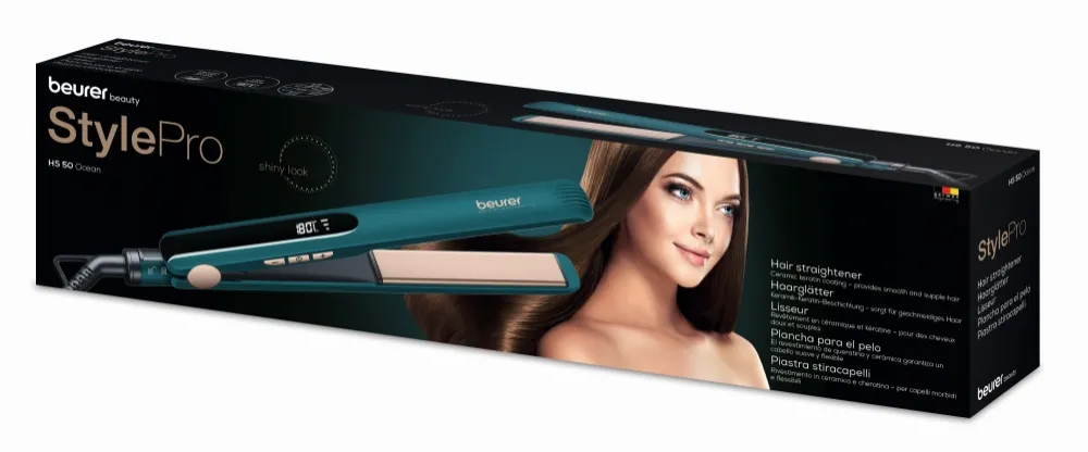 Преса, Beurer HS 50 Ocean Hair straightener, LED display, Ceramic keratin coating, Variable temperature control (120-220 °), Spring-mounted hot plates, Button lock, Operation status display, Automatic switch-off after 30 minutes, Transport lock - image 3