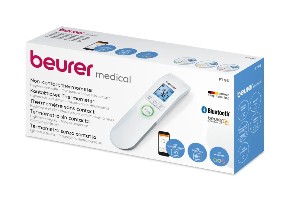 Термометър, Beurer FT 95 BT non-contact thermometer, Bluetooth, Measurement of body, ambient and surface temperature, Led temperature alarm (green, yellow/ red), Displays measurements in °C and °F, Measuring distance 2/3 cm, 60 memory spaces,  Blue illuminated XL di - image 8