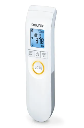 Термометър, Beurer FT 95 BT non-contact thermometer, Bluetooth, Measurement of body, ambient and surface temperature, Led temperature alarm (green, yellow/ red), Displays measurements in °C and °F, Measuring distance 2/3 cm, 60 memory spaces,  Blue illuminated XL di