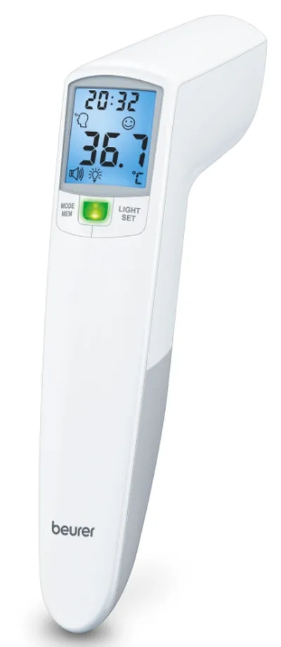 Термометър, Beurer FT 100 non-contact thermometer, Distance sensor (LED/acoustic signal), Measurement of body, ambient and surface temperature, Led temperature alarm (green, yellow/ red) & face icons, Displays measurements in °C and °F, Measuring distance 4/6 cm, 60