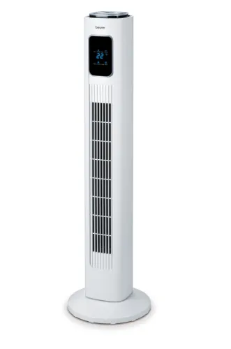 Вентилатор, Beurer LV 200 Tower fan, 3 operating modes (Basic, Nature, Sleep), 3 fan levels, Timer function (1-15 hours), Oscillation appr. 50 degrees, Displays the room temperature, Remote control, 43 - 58 dB, Practical handle, Slat height: 46 cm, 91/14/14 cm, long