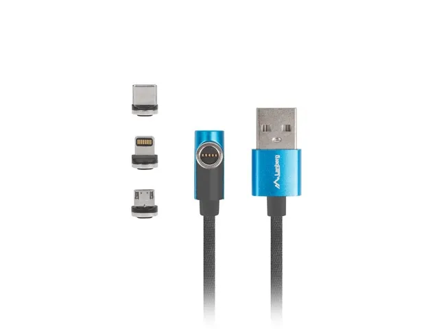 Кабел, Lanberg 3in1 USB-A (M) -> USB MICRO(M) + LIGHTNING (M) + USB-C (M) 2.0 1m, angled QC 3.0 magnetic, black-blue - image 2