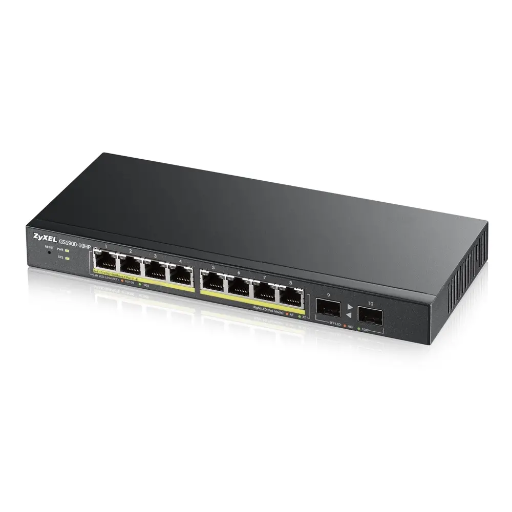 Комутатор, ZyXEL GS1900-10HP v2, 8-port GbE L2 PoE Smart Switch + 2 SFP slots, 802.3at, desktop, fanless, 70 Watt