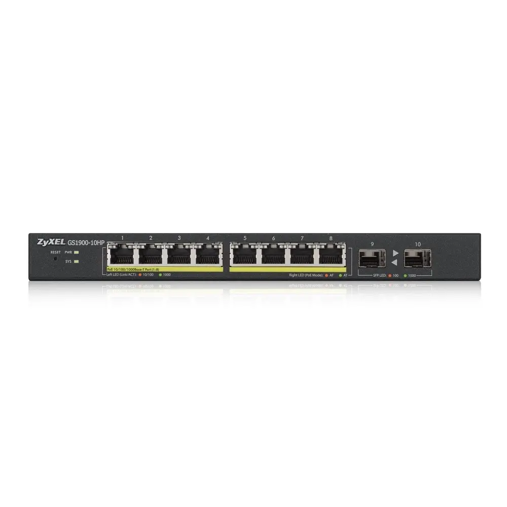 Комутатор, ZyXEL GS1900-10HP v2, 8-port GbE L2 PoE Smart Switch + 2 SFP slots, 802.3at, desktop, fanless, 70 Watt - image 1