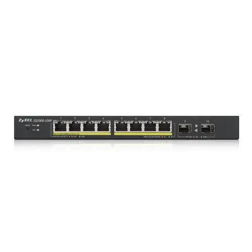 Комутатор, ZyXEL GS1900-10HP v2, 8-port GbE L2 PoE Smart Switch + 2 SFP slots, 802.3at, desktop, fanless, 70 Watt - image 1
