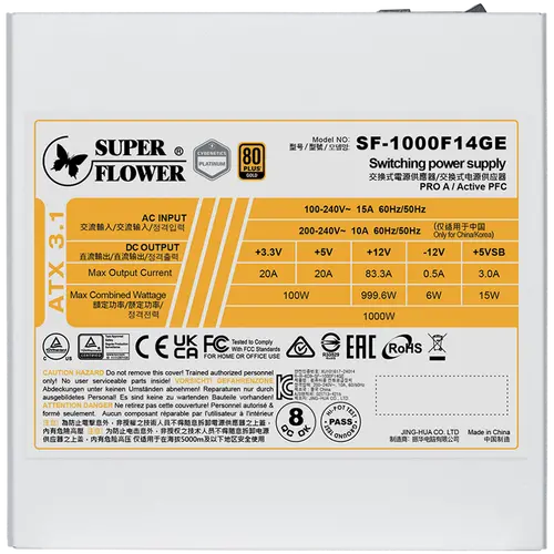 Super Flower Leadex III Gold 1000W ATX 3.1 80 Plus Gold, Fully Modular, Flat White Cables, 140mm Fan, White, 7 Year Warranty - image 1