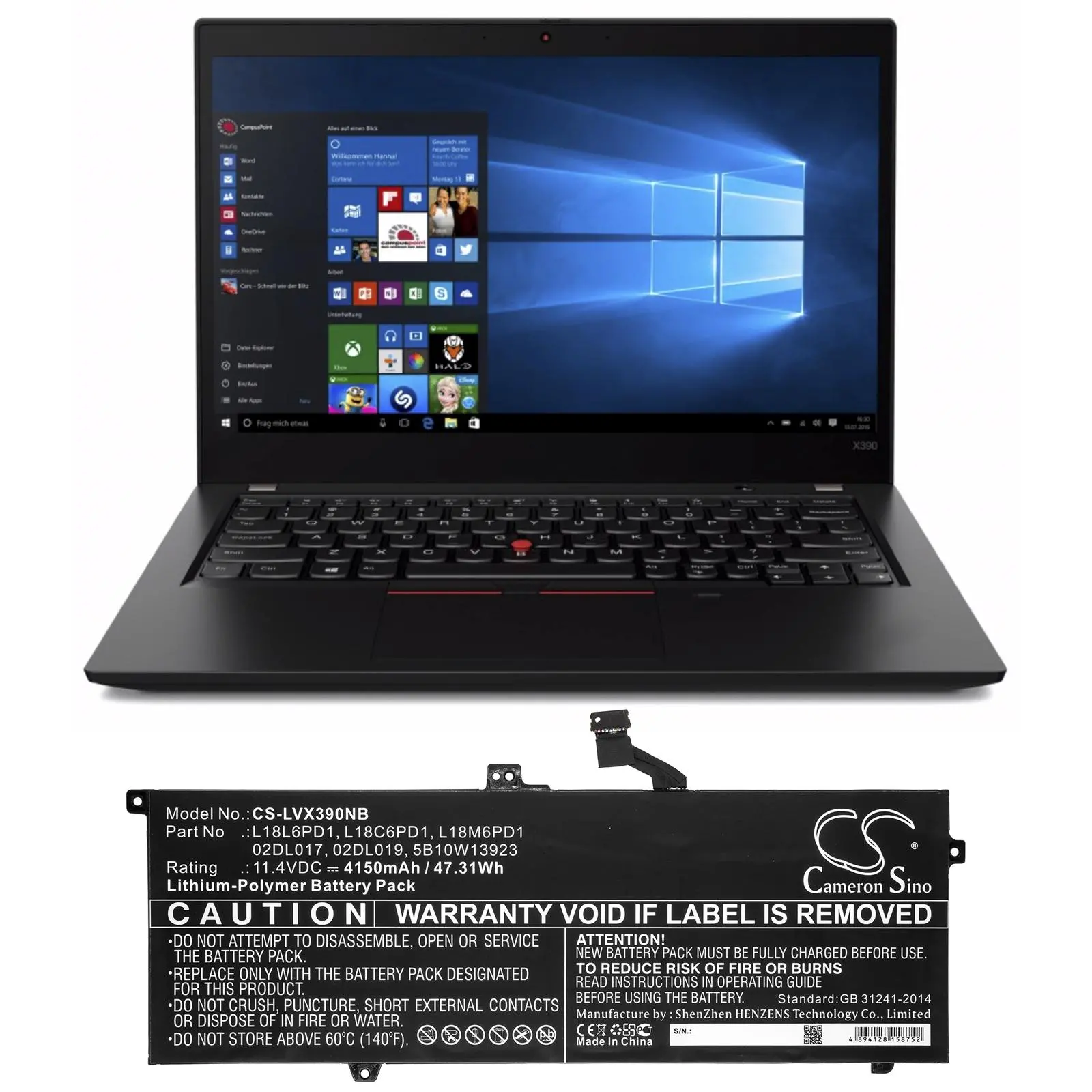 Батерия за лаптоп Lenovo ThinkPad X390 L18C6PD1 L18L6PD1 LiPo 11.4V 4150 mAh CAMERON SINO - image 1